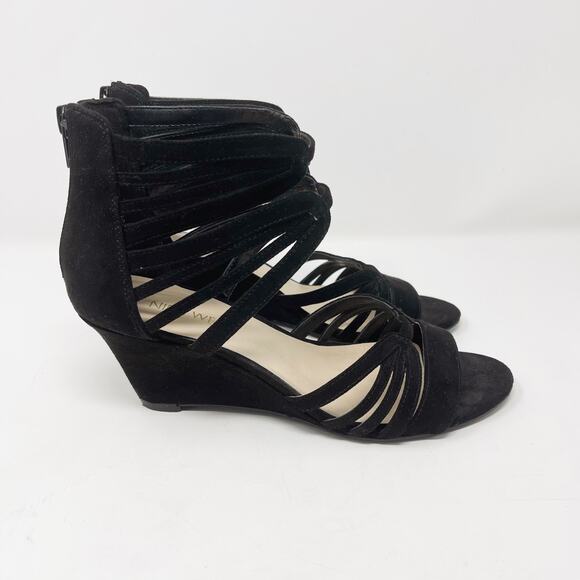 Nine West 6.5 Black Faux Suede Roseo Strappy Wedge Sandals Heeled Zip Back - Picture 13 of 13